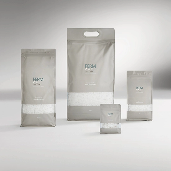 Magnesiumkristalle von Engel Magnesium in vier Packungsgrößen: 250 g, 1 kg, 2,5 kg und 5 kg